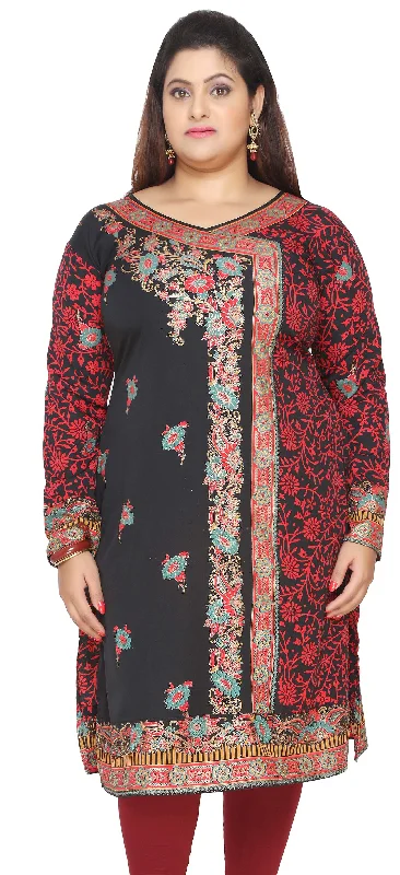 TunicTopFlowIndia Tunic Long Top Kurti Womens Plus Size Indian Clothes (Black)