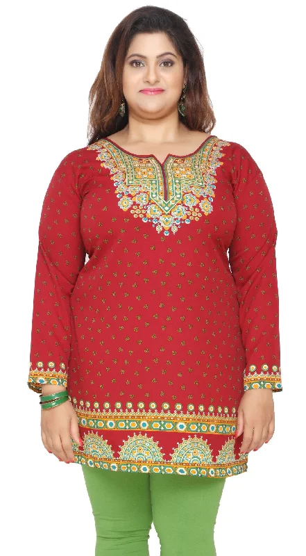 TunicTopSurgeIndia Tunic Top Kurti Womens Printed Plus Size Indian Clothes (Red)