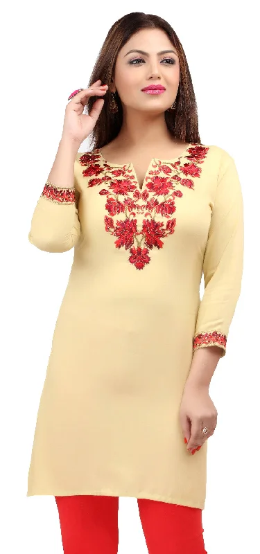 TunicTopShiftIndia Women's Tunic Top Kurti Embroidered Clothing (Light Gold)