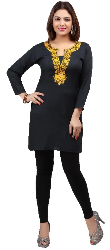 TunicTopHiveIndia Women's Tunic Top Kurti Embroidered Indian Clothing (Black/Yellow)