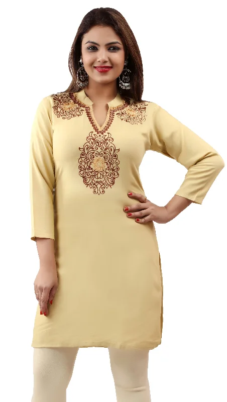 TunicTopStellarIndia Women's Tunic Top Kurti Embroidered Indian Clothing (Light Gold, XS)