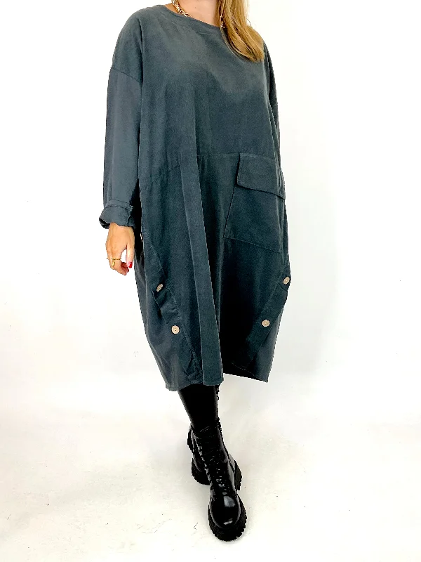 TunicTopSpartanMade in Italy Lagenlook Matsu Button Cord Tunic in Charcoal. code 91805