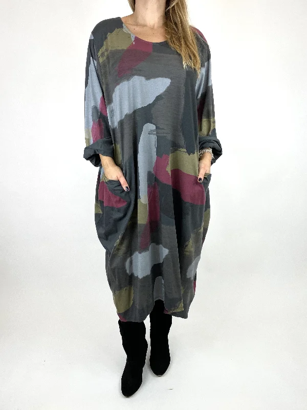 TunicTopDragonMade in Italy Lagenlook Elin Paint Splash Print Tunic in Charcoal. code 9807