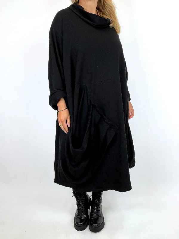 TunicTopFlexMade in Italy Lagenlook Saints Cowl Neck Plain Tunic in Black. code 91988