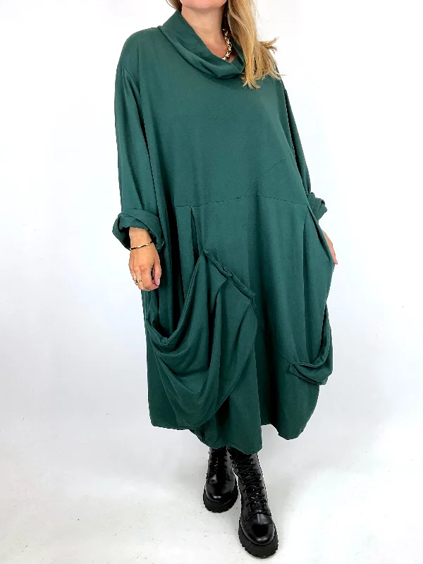 TunicTopVibeMade in Italy Lagenlook Saints Cowl Neck Plain Tunic in Bottle Green. code 91988