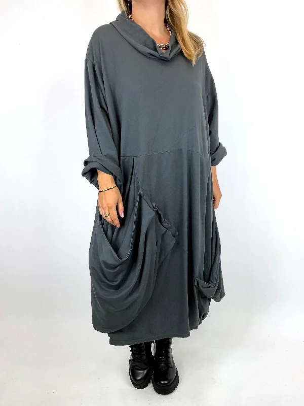 TunicTopPrimeMade in Italy Lagenlook Saints Cowl Neck Plain Tunic in Charcoal. code 91988