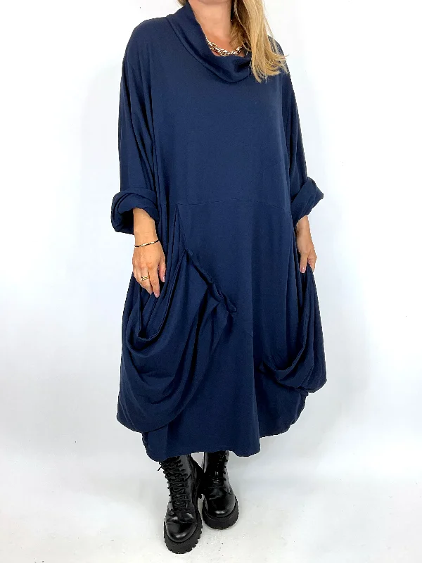 TunicTopXMade in Italy Lagenlook Saints Cowl Neck Plain Tunic in Navy Blue. code 91988