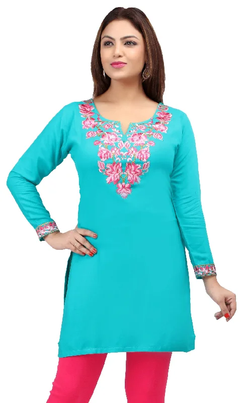 TunicTopRidgeMaple Clothing India Women's Tunic Top Embroidered Kurti (Turquoise)