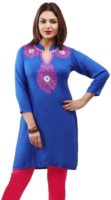 TunicTopTideMaple Clothing Kurti Women's Blouse Embroidered India Clothing (Blue)