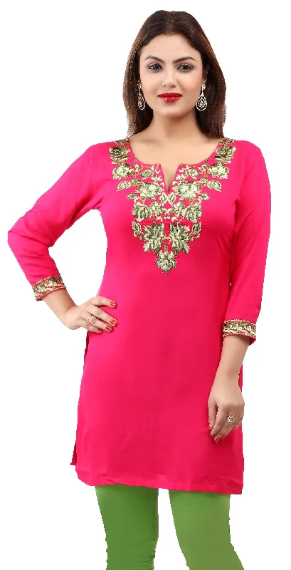 TunicTopCrystalMaple Clothing Kurti Women's Blouse Embroidered Indian Clothing (Pink)