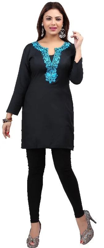 TunicTopAquaMaple Clothing Kurti Women's Blouse Embroidered Indian Clothing (Black/Blue)