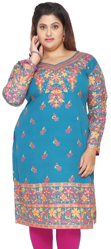 TunicTopSilverPlus Size Womens Indian Tunics Kurti Long Top Apparel (Blue)