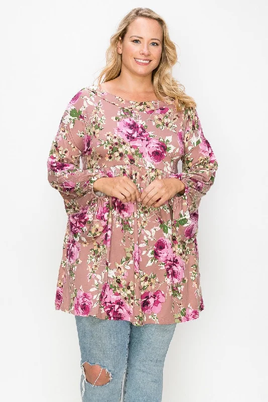 TunicTopSapphireFloral, Bubble Sleeve Tunic Top