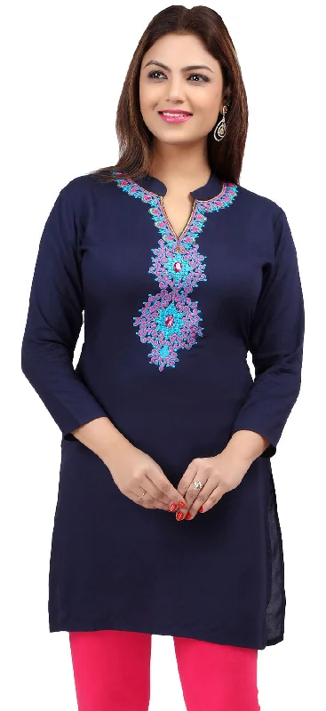 TunicTopValkyrieShort Kurti Women's Blouse Embroidered Indian Clothing (Blue)