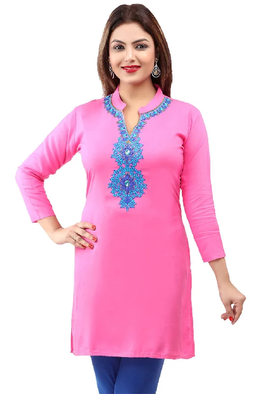 TunicTopNinjaShort Kurti Women's Blouse Embroidered Indian Clothing (Pink)