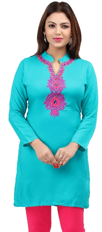 TunicTopSpartanShort Kurti Women's Blouse Embroidered Indian Clothing (Turquoise)