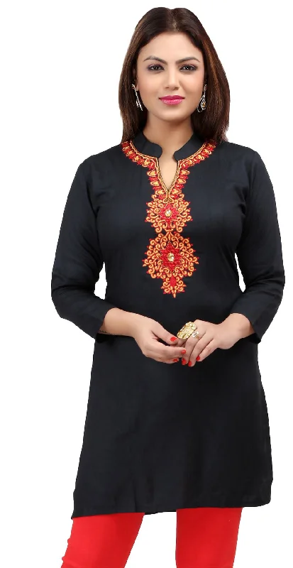 TunicTopLeviathanShort Kurti Women's Blouse Embroidered Indian Clothing (Black)