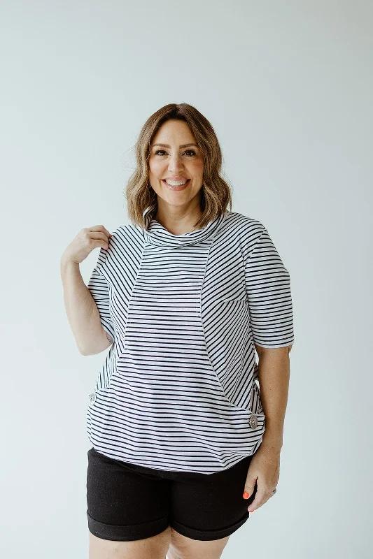 TunicTopCoreSTRIPED COWL NECK SHORT SLEEVE TUNIC IN OFF-WHITE