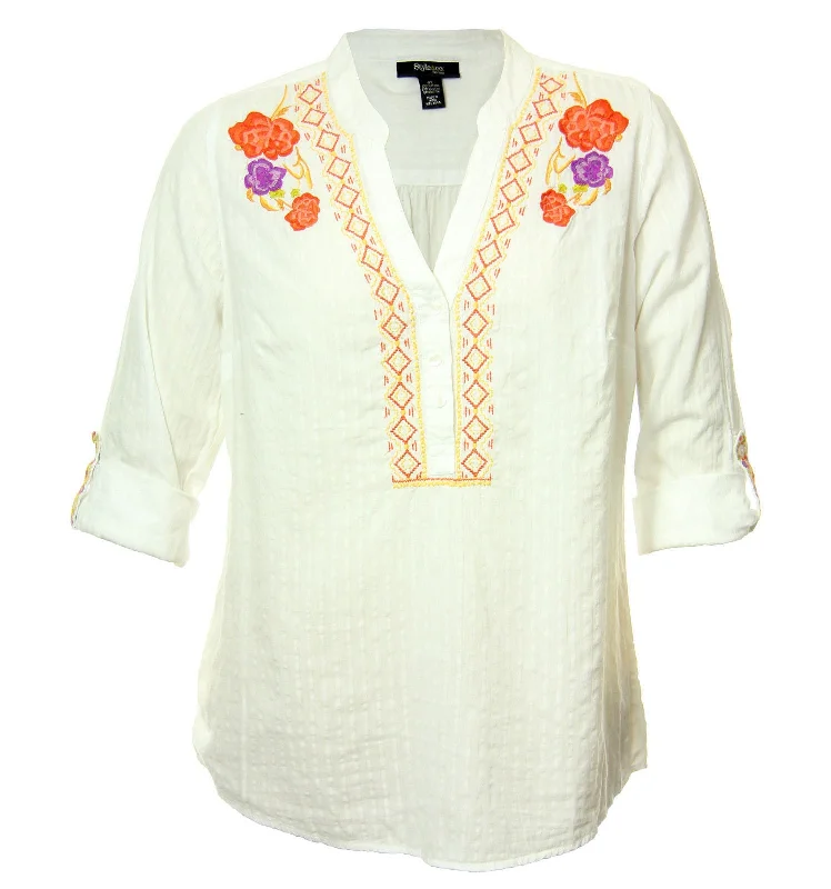 TunicTopGalaxyStyle & Co White Convertible Sleeve Button Front Embroidered Tunic