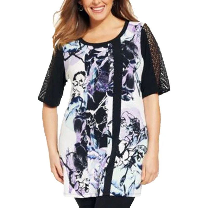 TunicTopDragonStyle & Co Multi Color Floral Print Sheer Sleeve Tunic Length Knit Top Plus Size