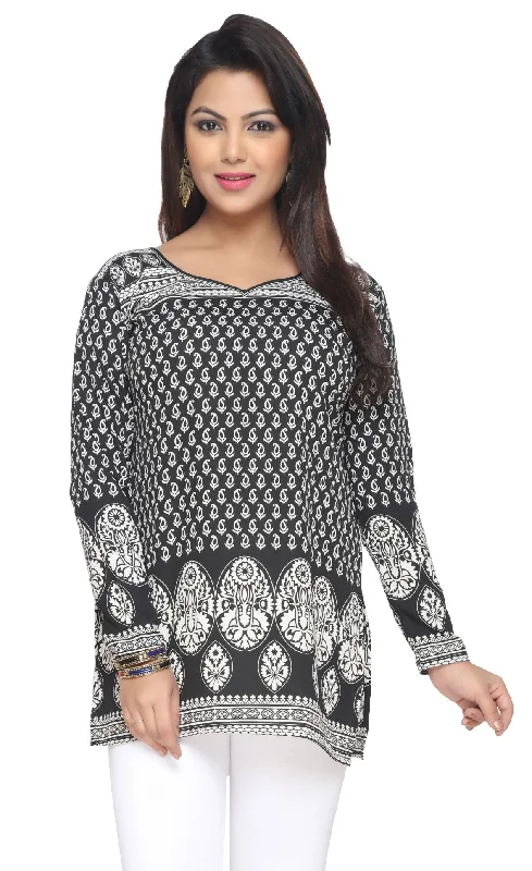 TunicTopGlowStylish Black Printed Kurti for Women – Indian Kurti Tops