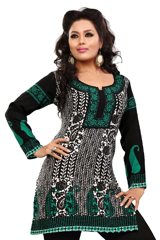 TunicTopPinnacleStylish Indian Kurti Dress - Black with Green Patterns