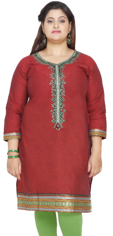 TunicTopWaveWomen's Cotton Indian Tunics Kurti Long Top Embroidered Plus Size (Maroon)