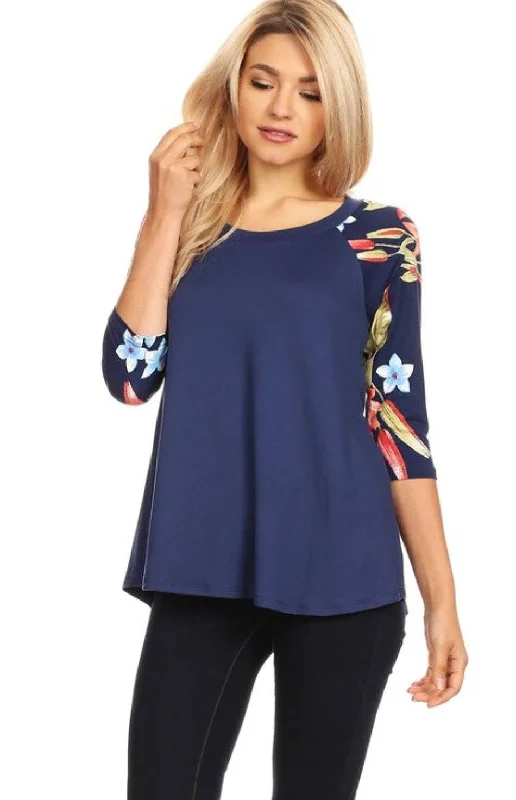 TunicTopOnyxWomens Navy Blue Top | 3/4 Sleeve Shirt | Tropical Print Tunic