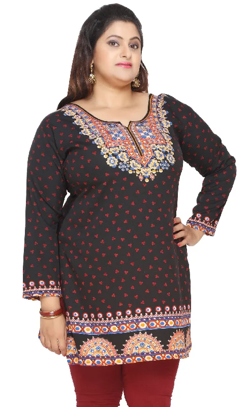 TunicTopFusionWomens Indian Tunics Kurti Top Printed Plus Size Apparel (Black)