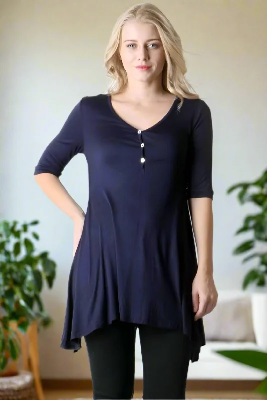 TunicTopDiamondWomens Long Blue Tunic Top, 3/4 Sleeve Shirt, Sizes S/M/L, Solid Navy Blue