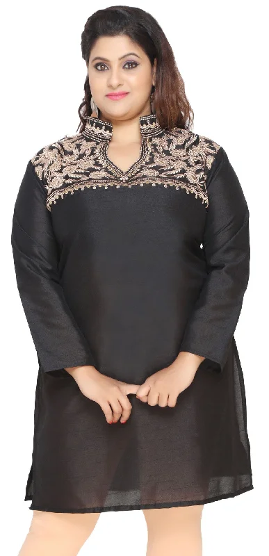 TunicTopBlazeWomen's Poly Silk Indian Tunics Kurti Long Top Embroidered Plus Size (Black)