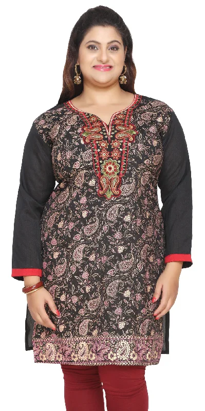 TunicTopIndia Tunic Long Top Kurti Embroidered Womens Plus Size Clothes (Black)