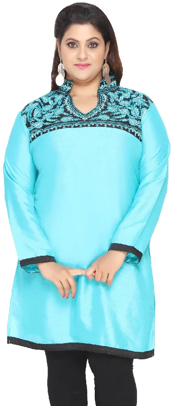 TunicTopNestWomen's Poly Silk Indian Tunics Kurti Long Top Plus Size (Turquoise)