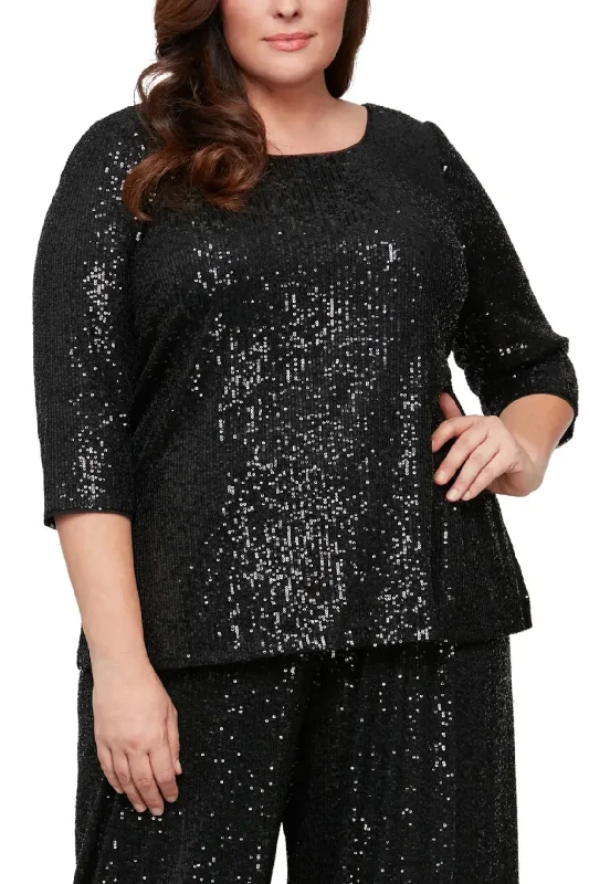 TunicTopDiamondAlex Evenings 3/4 Sleeve Scoop Neck Sequin Tunic Blouse ( Plus Size )