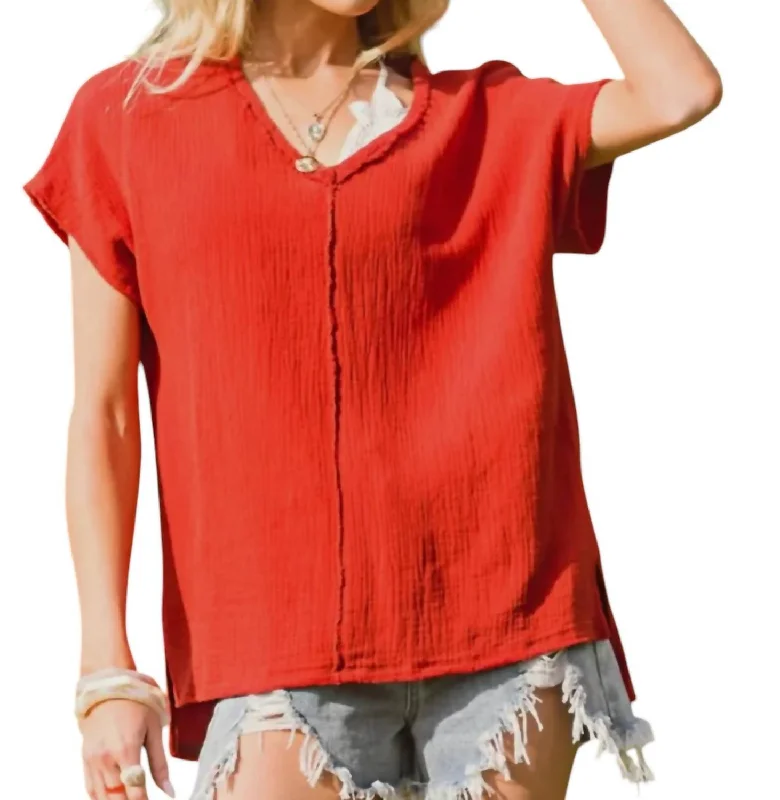 TunicTopRubyGauze V-Neck Tunic Top In Fire Red