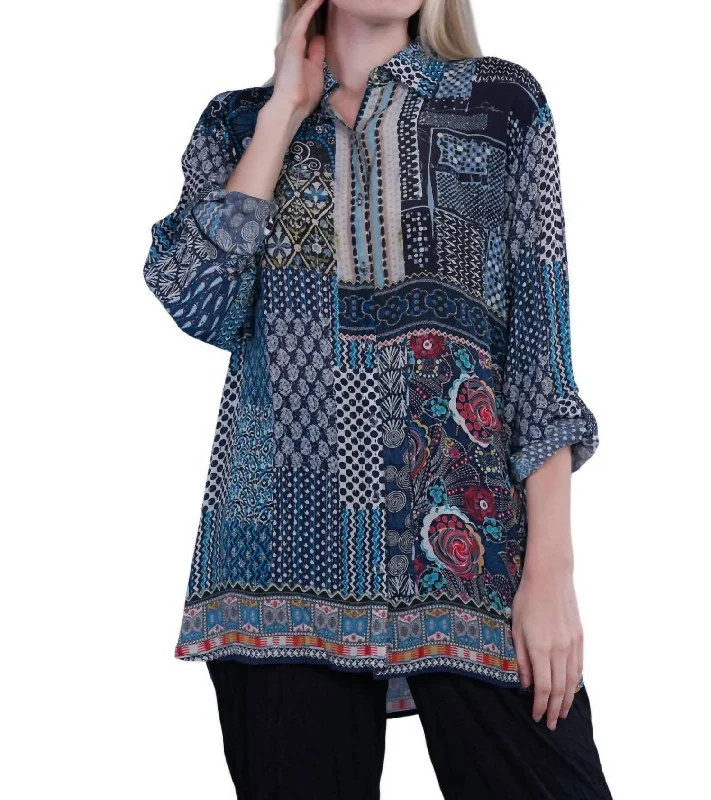 TunicTopValkyriePatchwork Print Button Up Tunic Top In Navy