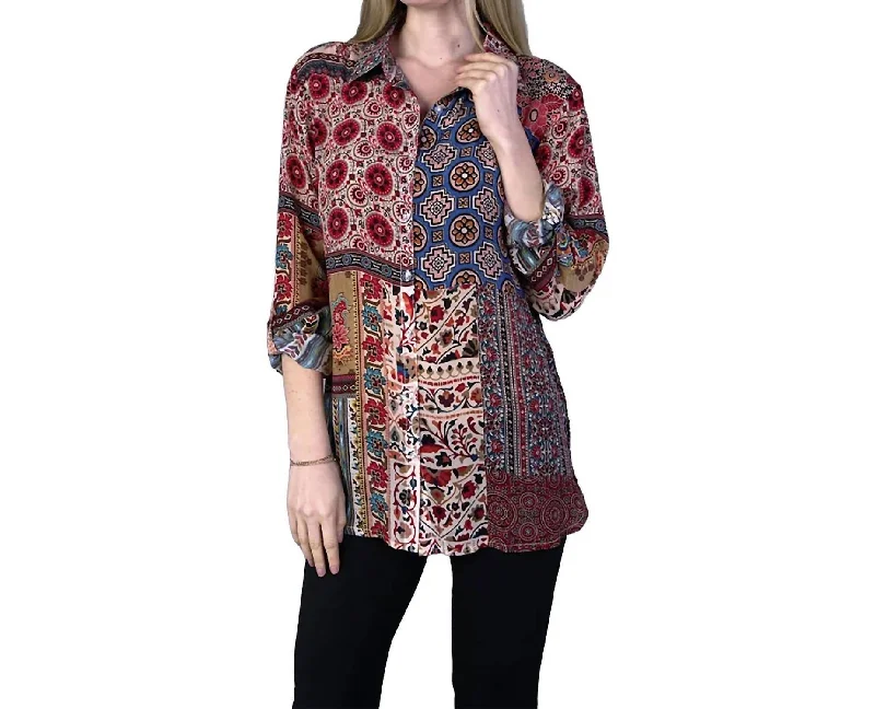 TunicTopLeviathanPatchwork Print Button Up Tunic Top In Wine