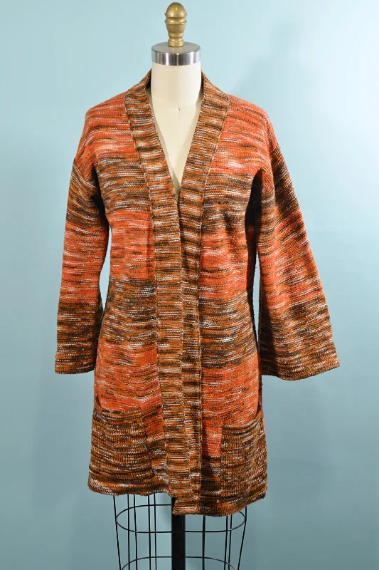 TunicTopVibeVintage 70s Orange Boho Cardigan Tunic Sweater, Space Dyed M