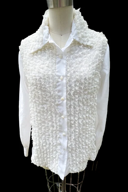 TunicTopPrimeVintage 70s White Lace Blouse Tunic, Tuxedo Style Ruffle Blouse Lady Arrow