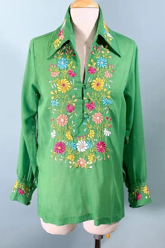 TunicTopCoreVintage Green Embroidered Blouse, Hippie Boho Tunic Top M